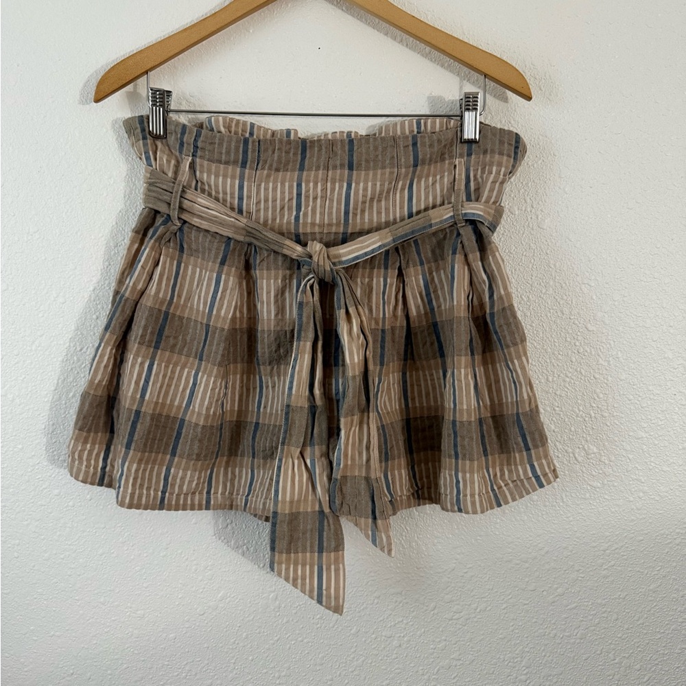 Free People High Waist Plaid Shorts - Brown and Cream